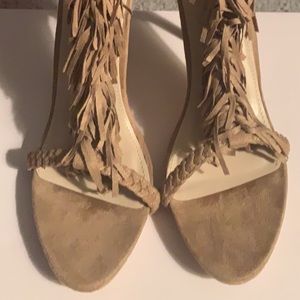 Fringed strap heeled 5” Tan shoes size 10